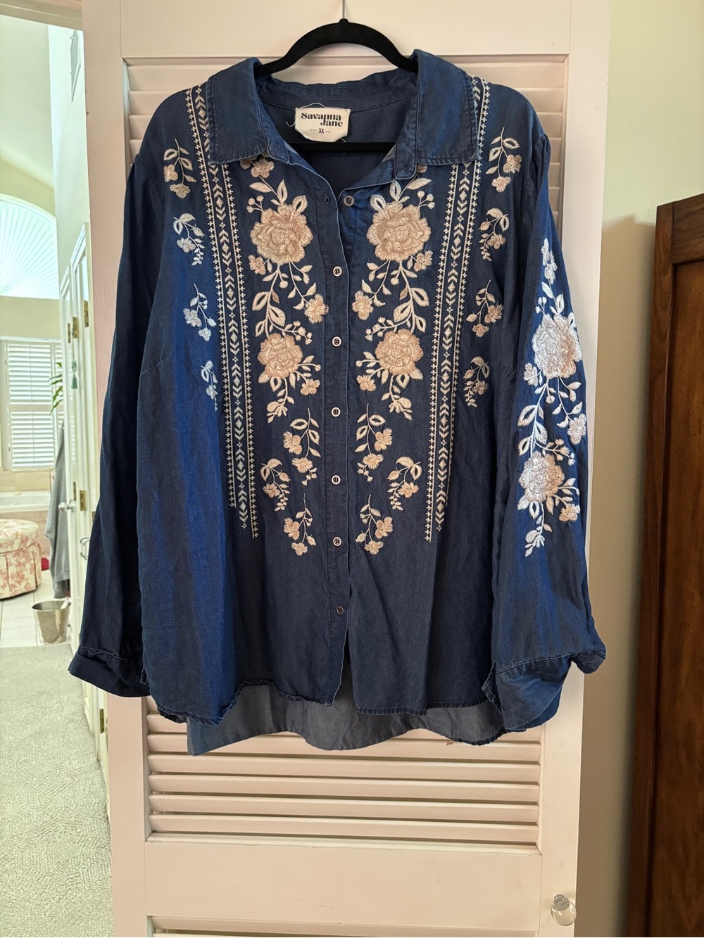 Savana Jane 3X Tencel Denim Blue Embroidered Floral Boho Button Front Blouse